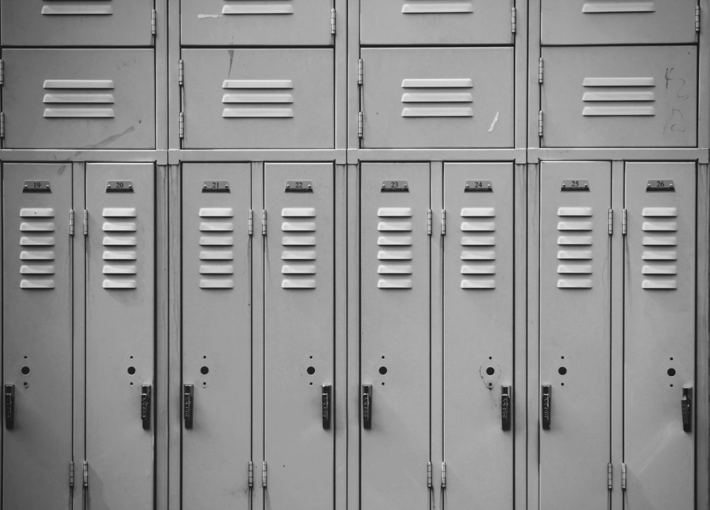 Black and white image of a high school locker